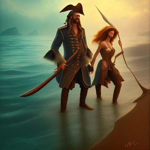  book cover, fantasy art,close up of two pirate actors on nice sandy beach, water, reflection, misty