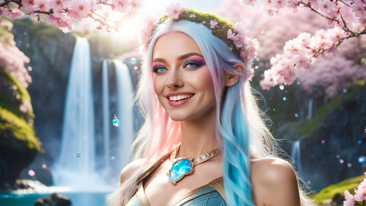 Photo realistic portrait of a gorgeous smiling skinny viking goddess with a golden dark shining skin, long smooth clear turquoise blue and pink white hair, blue eyes, in a sci-fi outfit with luminous strikes blowing a kiss in a hill of flowers with sakura trees, a waterfall, a crystal palace, loads of mini flowers, moss, sun rays through the branches, particles in the air at spring. Intricated details,