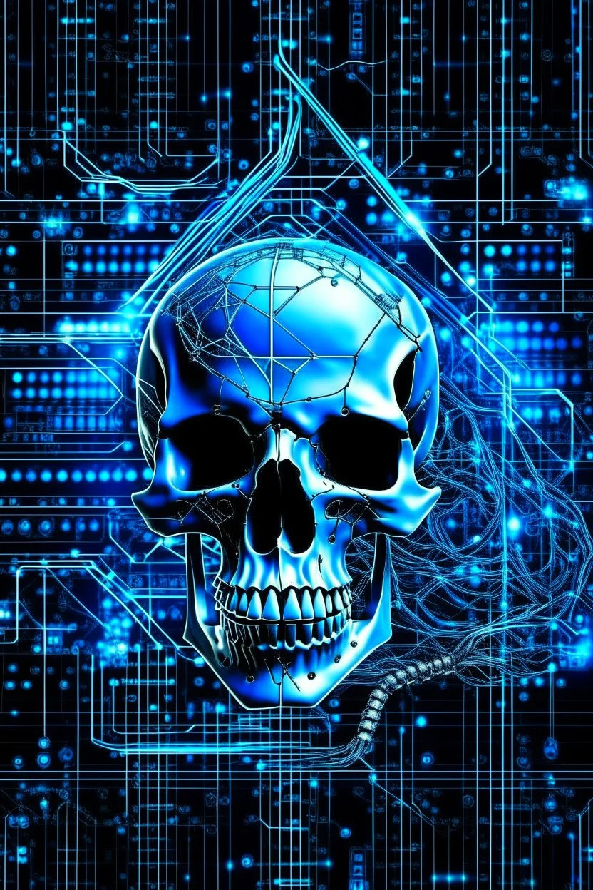 A computer chips and electronic components are connected by neurones space blue human skull