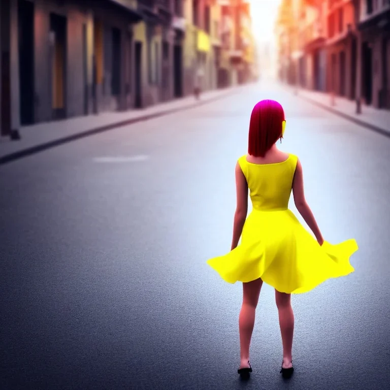 Beautiful lonely girl who walks along a street without people at dawn. You see her from behind. She short wears very short yellow dress, nice legs. She has short pink hair with glowing crystals. Full body, 8k resolution concept art. Professional Photo HD. Stylish. Warm vivid colors. Panoramic