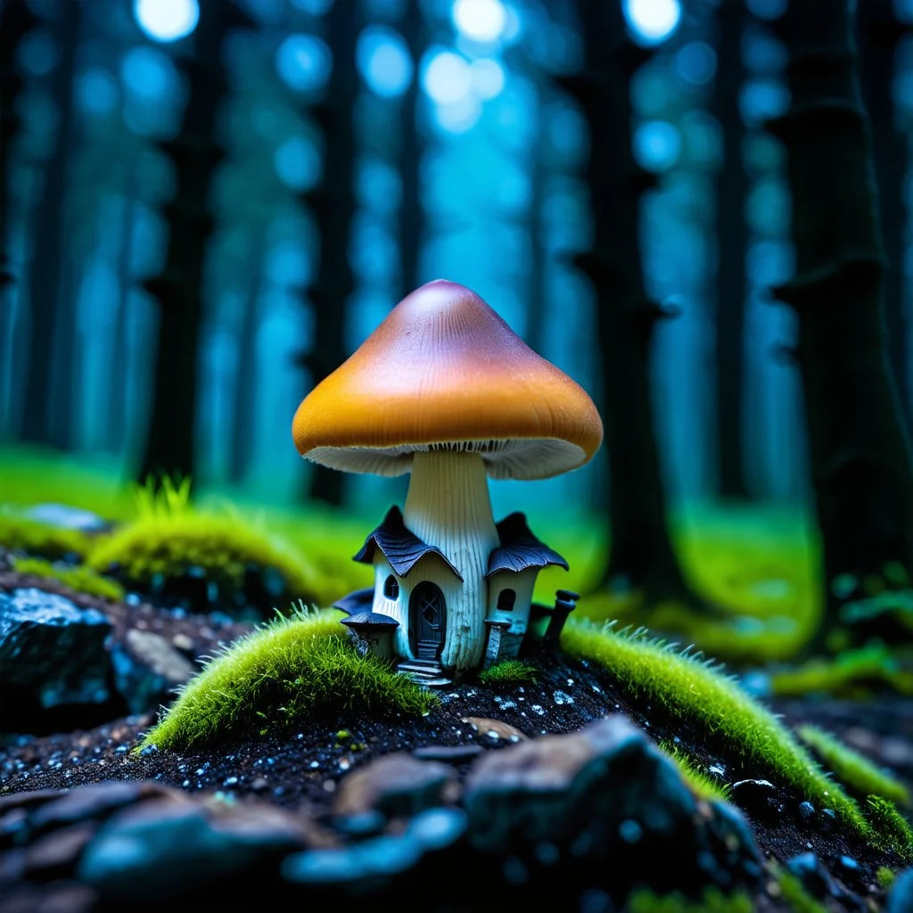 "Close up of a wonderful tiny Mushroom Tower home. indigo and orange with bright white, deep black and contrasting tones of gray. Illuminated bioluminescent forest. Professional painter, master at composition. small but detailed. broken, blurred background, voluminous lighting"