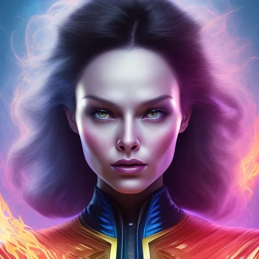 Dark Phoenix, X-Men , Jean Gray. hyperfantastic,hyperscifi,unreal engine,3D,best colours,deep purple . fire theme .blue neon smoke.cinamatic,full cinematic lights.beautiful body and hands details,beautiful face details,8k,hyperdetails.by alan parker.ann dittman