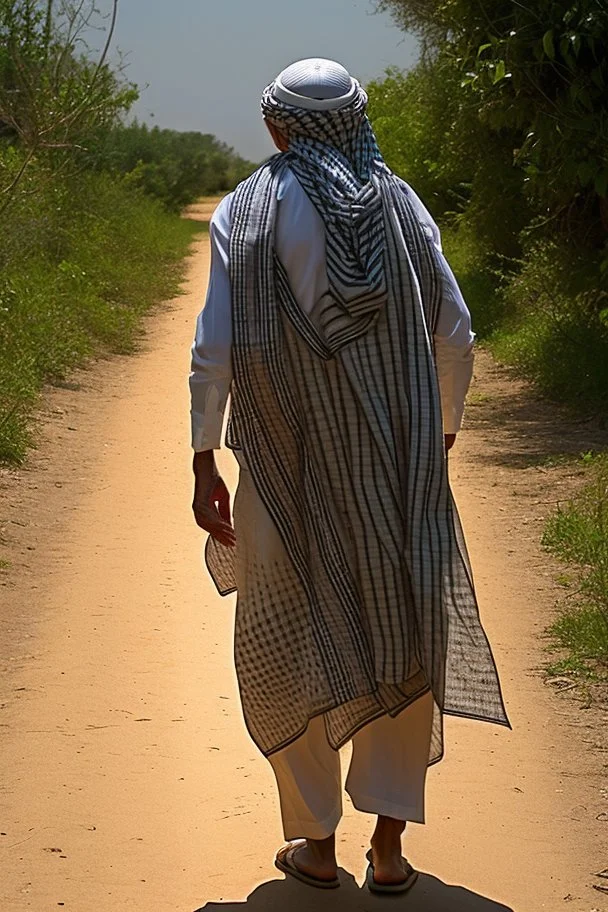 An old man wearing an Arabic keffiyeh, his back bent, walking barefoot, holding his cane upside down, looking back and holding his shoe in his hand.