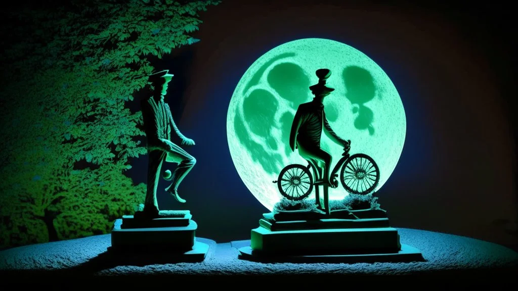 evening, in the moonlight, the shadow of a man on a bicycle , statue of a phosphorescent musical note