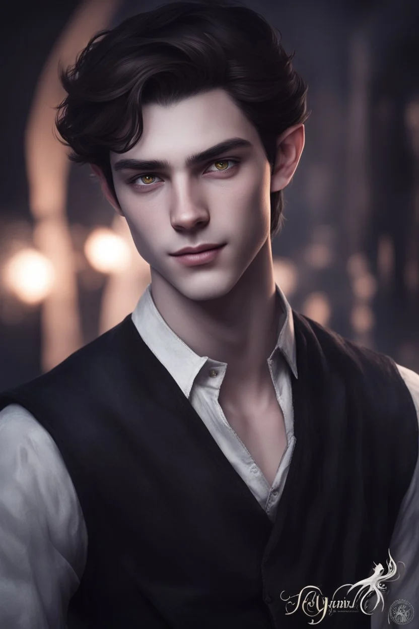 teenager handsome elven, with long pointed ears and brown eyes, mysteriously smiling