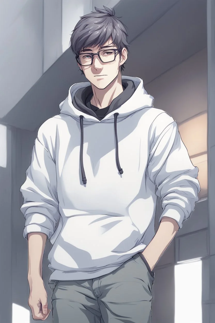 Anime man with glasses, wearing a hooded sweatshirt, slight smile, realistic