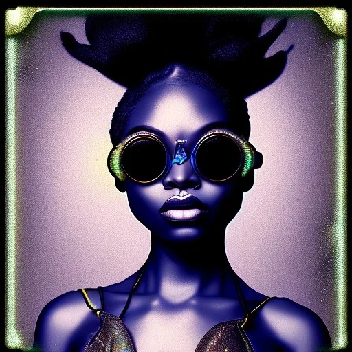 a black woman with blue crystal sunglases dancing in the club, steam punk, realistic, made in octane, cinematic, ultra-realistic, extremely detailed octane rendering, 8K, VRAY Super Real ar 2:3, dof photorealistic futuristic 50mm lens hard lighting dark gray tintype photograph, realistic lighting