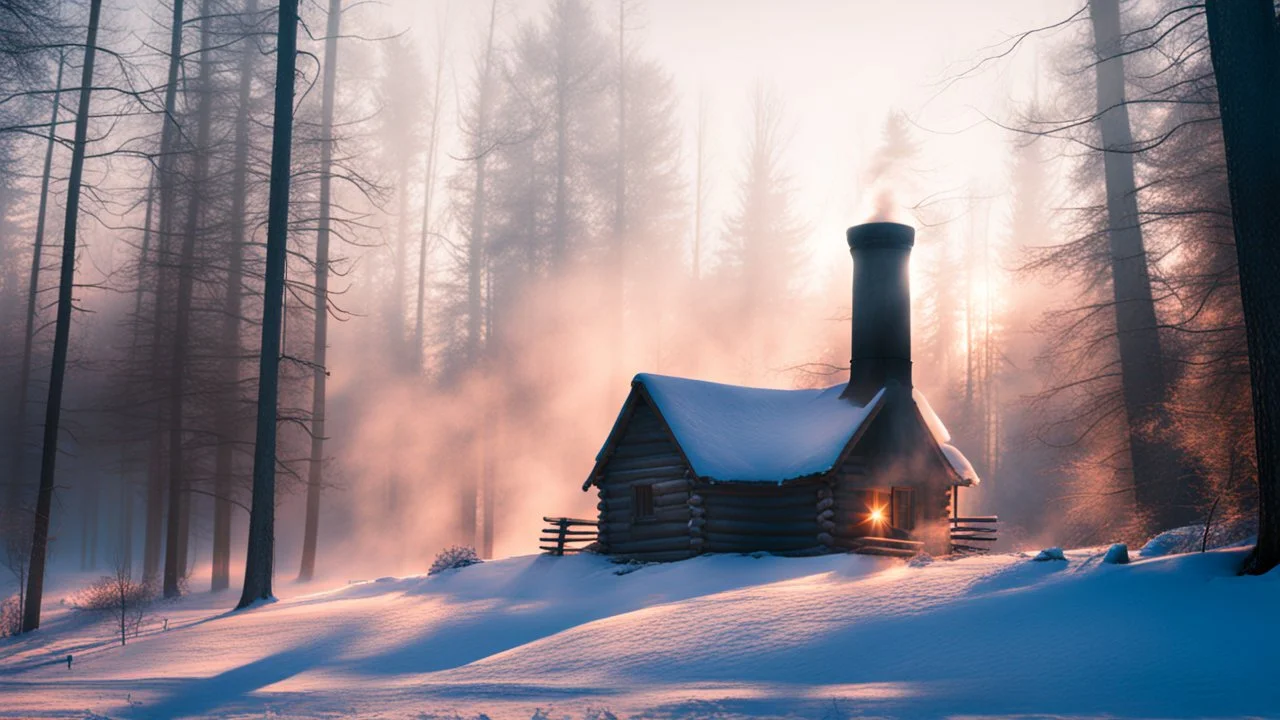 cabin in forest in winter light smoke from chimney