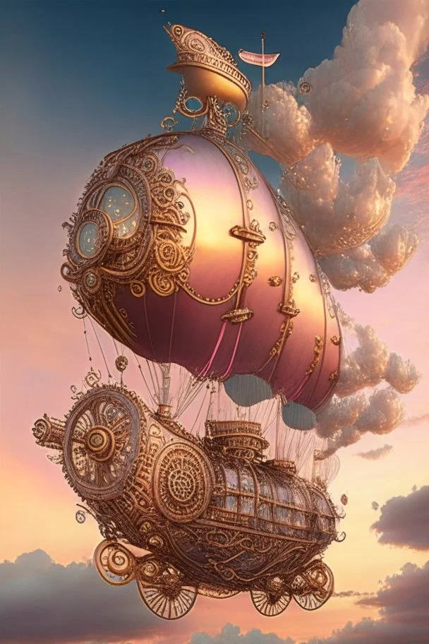 A whimsical steampunk-inspired airship, intricately designed with brass gears, polished wood, and ornate filigree, sailing through cotton-candy clouds at sunset.