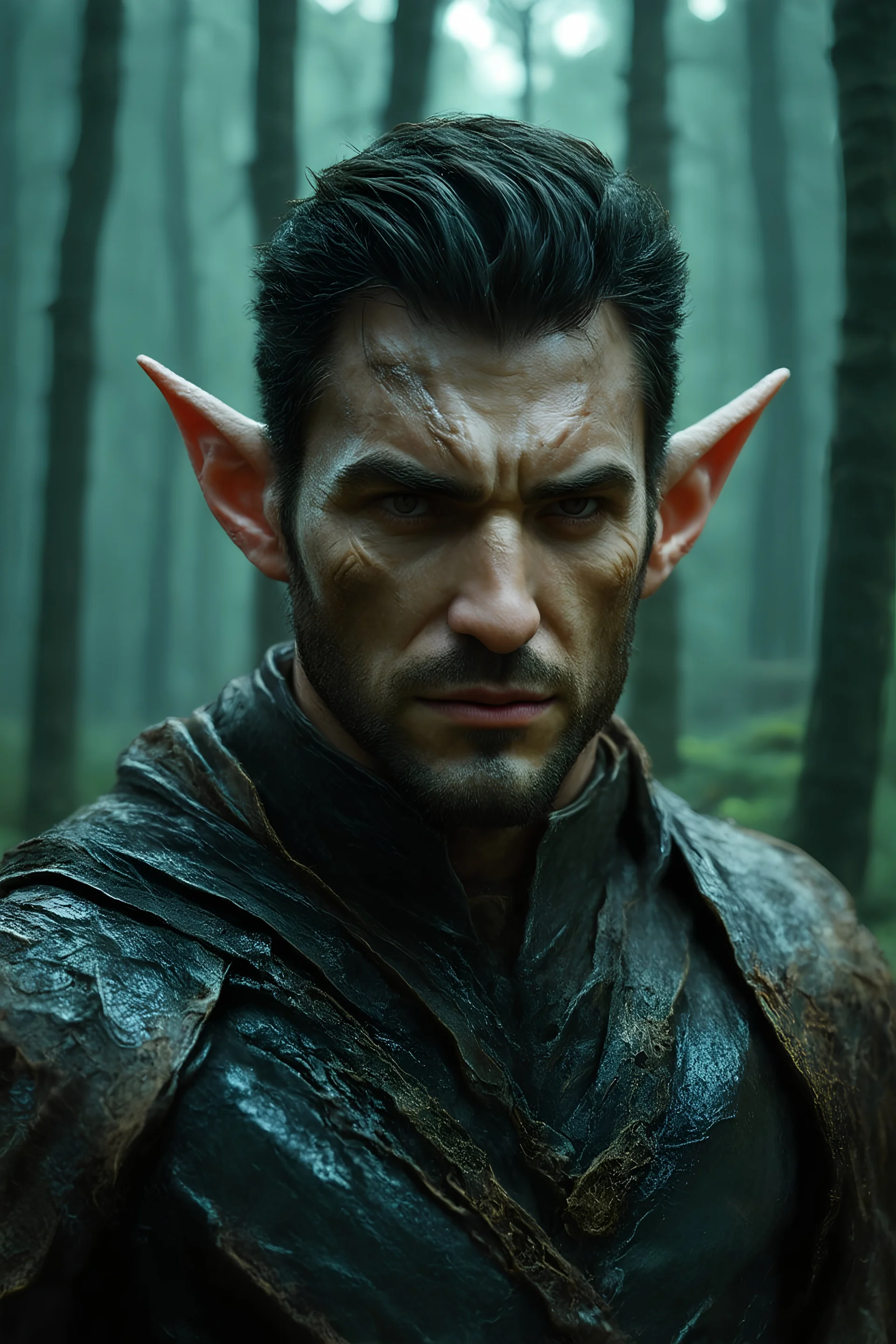 fantasy art style. misty forest background. Male Elf of 40 years age. Leathery and worn skin. Deep scars among his face.