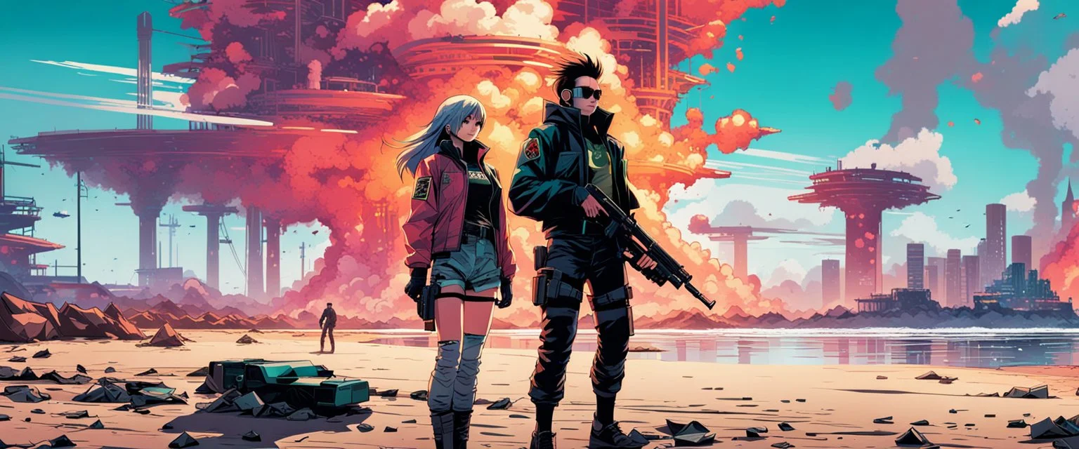 a cyberpunk girl and boy posing with handguns on a polluted littered nuclear beach; (glitch deconstruction:1.68), dynamic, cinematic, dramatic, deep low angle, front view, close-up, Katsuhiro Otomo influence, bold vivid colors, sharp shadows, black outlines