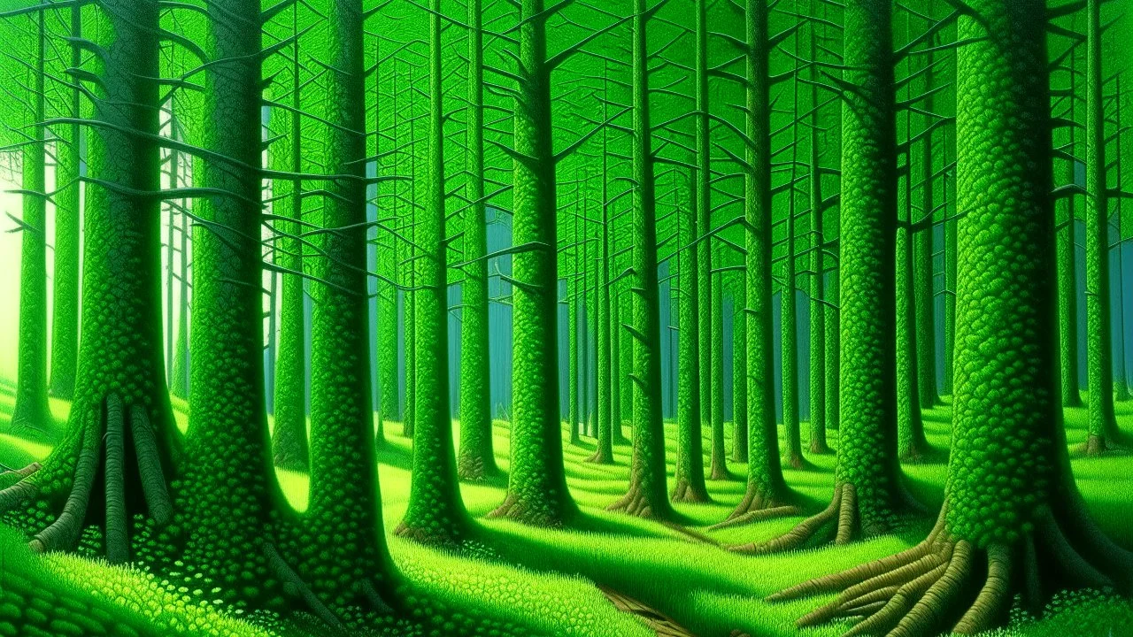 A green forest with axe shaped trees painted by Frank Wilson