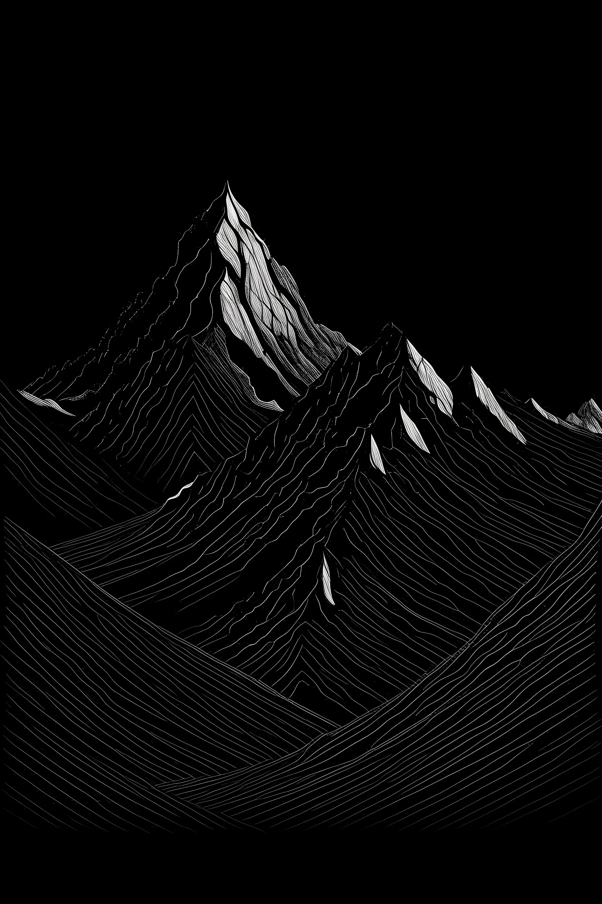 Lineart. Moonlit mountain with no shades, texture,black background and white outline for the image