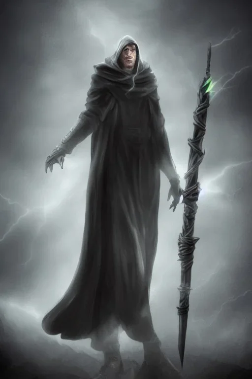 Tall Wizard, dark broody, long staff in hand, grey cloak, photorealistic, lightning background, fedora, anatomically perfect face