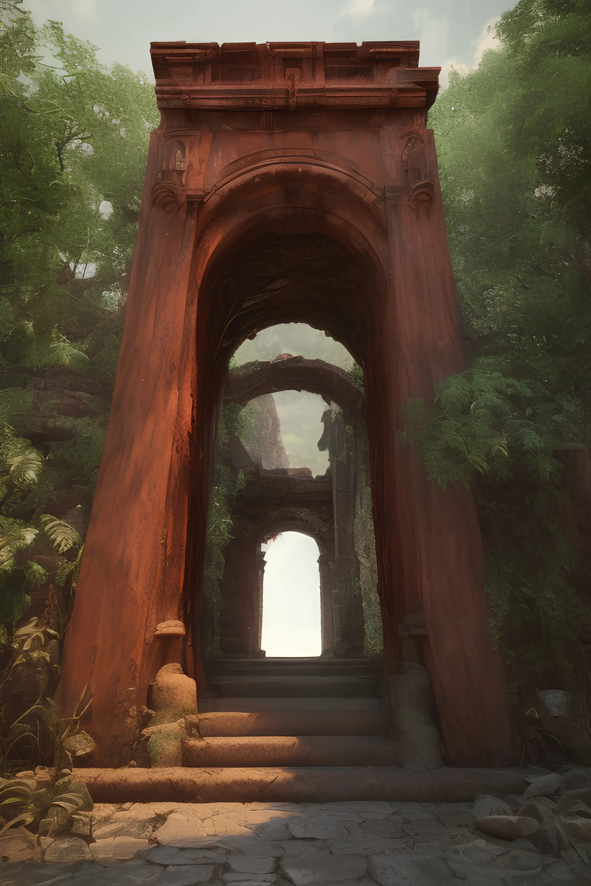 entrance to Hell:: greece:: heavy archway:: ornate, beautiful, lush, vines, goddess statues, Intricate Tree branches, Lava fountain, low angle, red shift, Photorealistic --ar 1:2 --q 2