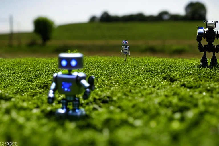 Photograph 60 mm lens. Technological singularity. Post-apocalypse utopia. Machine, fake smile, staring eyes. Milky white lay figures torso on the ground. Grass, mud. dirt. An yard of a farm is in the Background. Mercury Puddles. Zoom. Background is fussy. Cyborg's torso is dirty. Male robot.