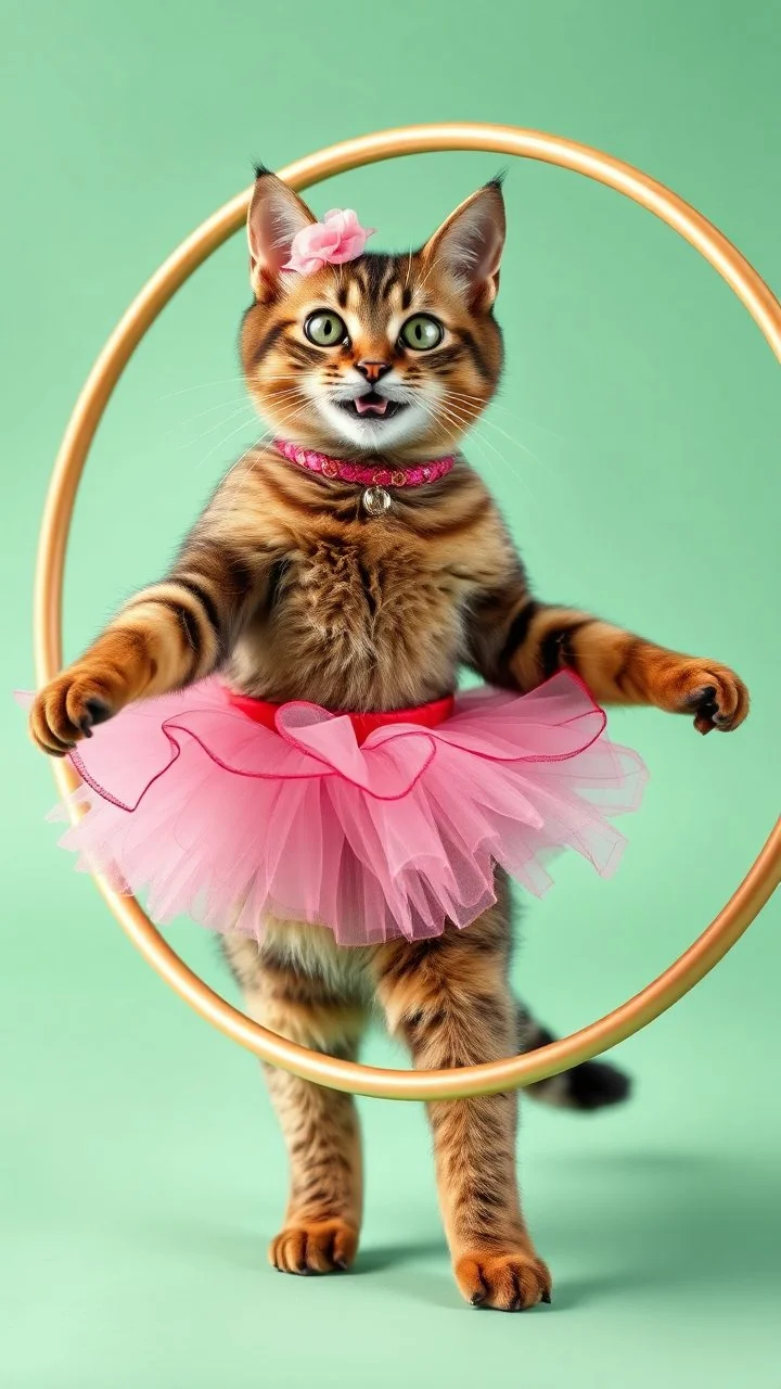 A cat dressed like ballerina playing the large Hula Hoop around her waist happy and smiling