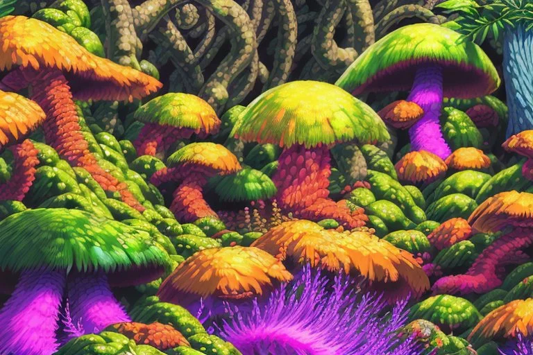 Fungi Forest: Bizarre fungi forest, hallucinogenic, surreal landscape, captivating flora and fauna, hazardous conditions, intricate details, vibrant colors,