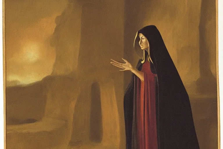 Cloaked priestess observing a fire intently, religious