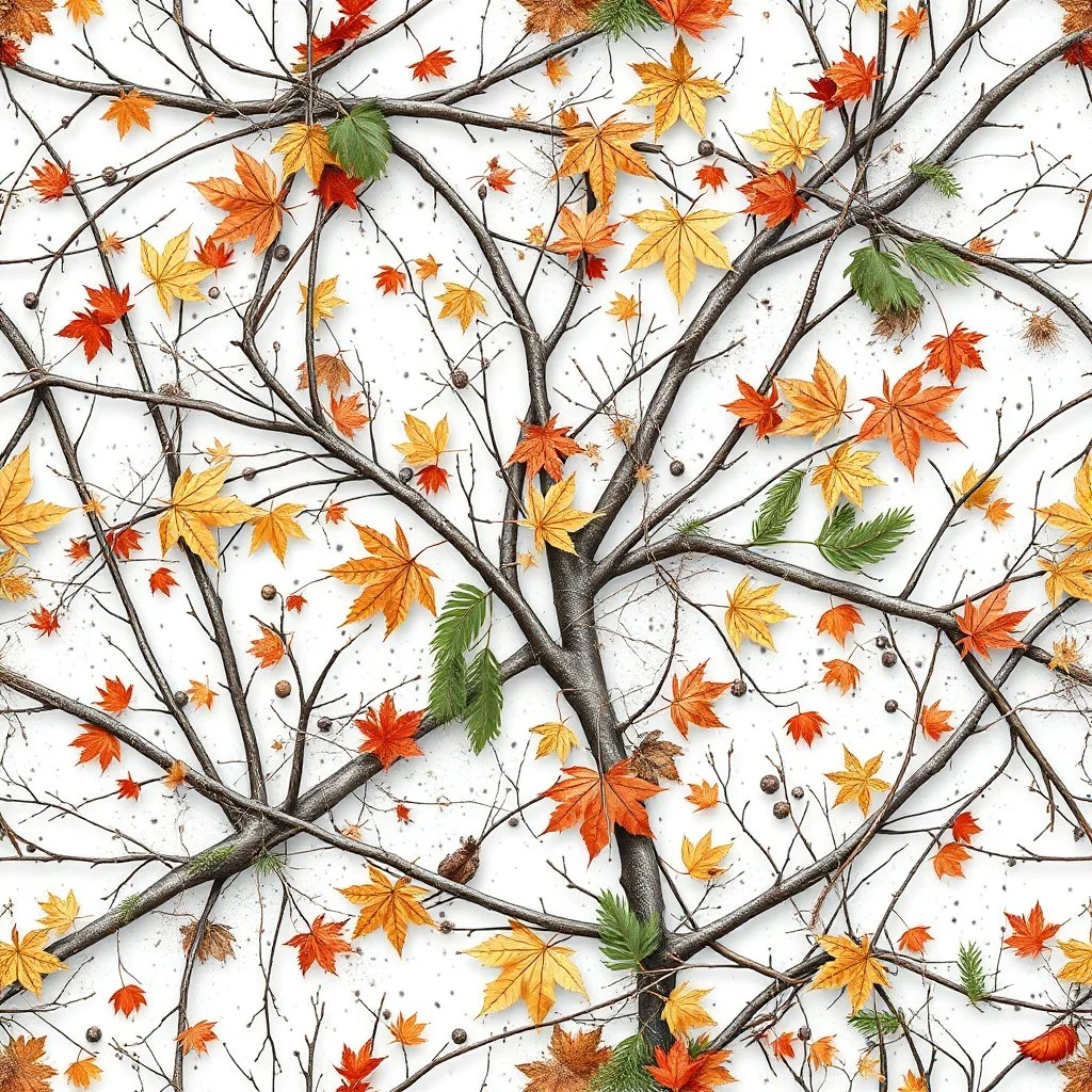 detailed Real Tree Camouflage made of bare bush branches, fir branches, dried maple leaves, snow and dirt, white background, seamless repeatable texture camo pattern