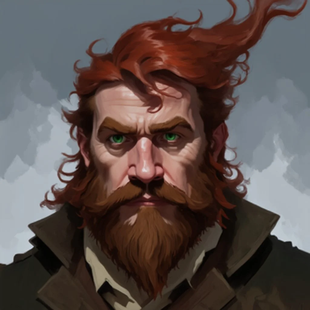 dnd, fantasy, watercolour, sharp, stylistic, portrait, illustration, dull colours, male, dwarf, face, bearded, long brows, frugal, weathered face, green eyes, determined, happy, red hair, very long hair streaming down the shoulders, radiating light, five o'clock shadow, softer facial features, dignified