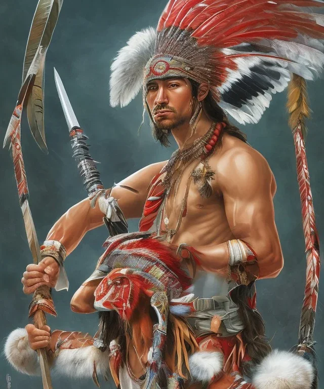 Guaicaipuro, native american god, 30 years old, Muscular warrior, red feathers headdress, shirtless, fearce look