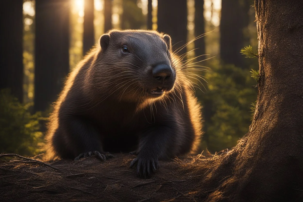 A determined beaver gnawing through the thick base of a towering pine tree, (hyper-realistic fur texture:1.3), wood chips flying, intense focus in its eyes, (golden hour sunlight filtering through dense forest:1.2), dramatic low-angle shot, the tree beginning to tilt precariously, (chain reaction of falling trees in background:1.4), splintering wood, airborne debris, dynamic motion blur, rich earthy tones, moss-covered forest floor, highly detailed bark textures, cinematic lighting, volumetric f