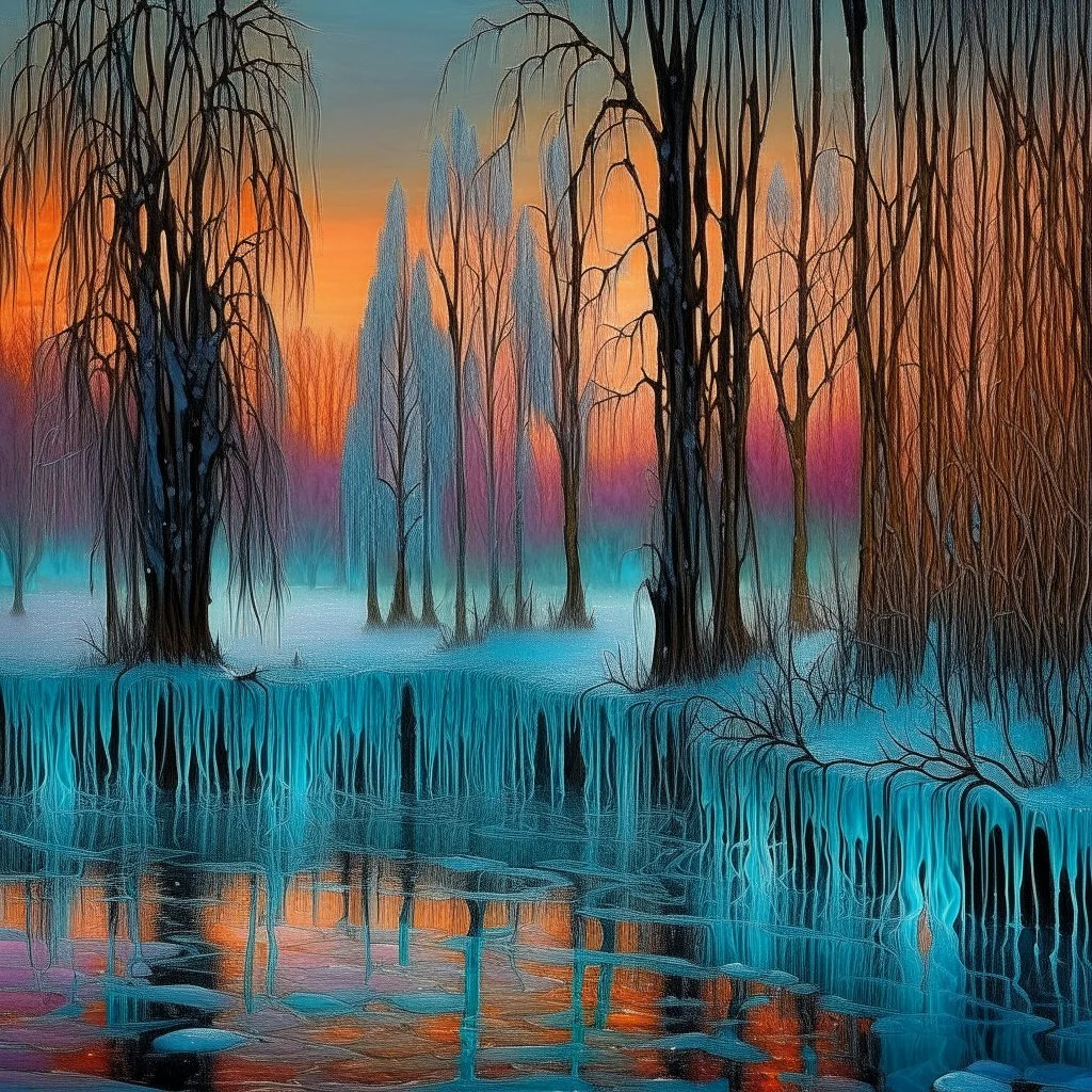 Grunge textured abstract impasto mixed media painting with dripping paint, fantastical otherworldly frozen winterscape with iridescent metallic colors, silver lines, style Amanda Clarke, Andy Kehoe, Feininger, Klimt, Klee. Reflective frozen pond, surrounded by whimsical, filigree, impressive frosted trees standing tall between extraordinary storybook houses; tendrils, grasses, cattails. Dramatic sky with stormy clouds. with mercury glass patina, glowing golden sparks, vibrant iridescent colours,