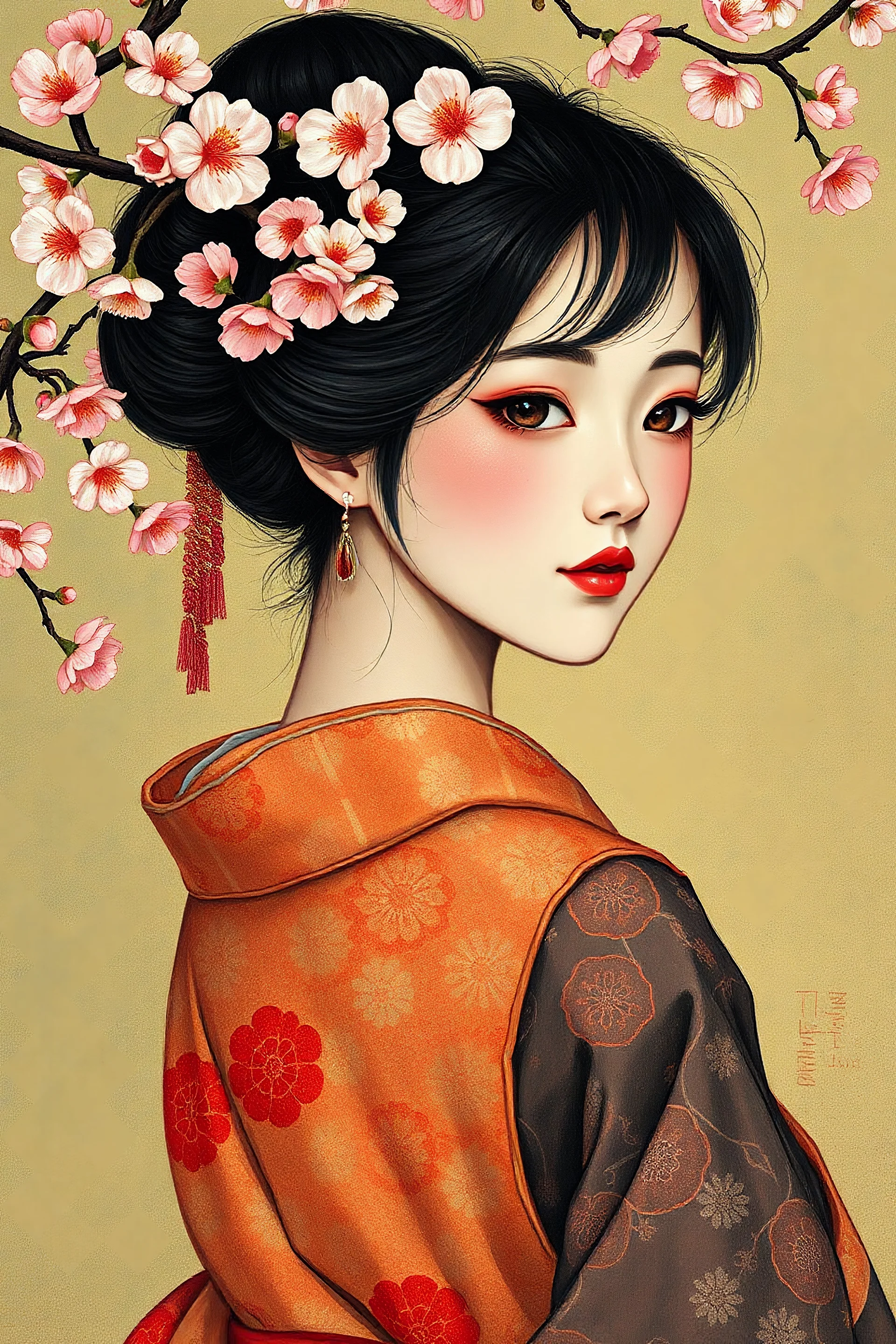 Portrait of a beautiful oriental girl wearing hanfu, sakura petal drops by kandinsky background batik by klimt