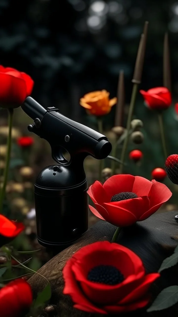 A small wooden hammer near a black pistol, a black leather glove and red lipstick in a dark garden filled with red poppies.Cinematic and realistic image