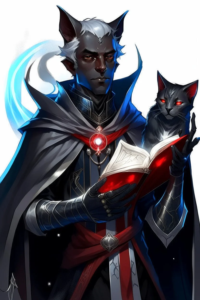 En Young male black skin tiefling fra dnd holding a book with Arcane Magic in a silver and White Rope and a silver cloak. His horn a perfectly place on acet from the front to the back pointing upwards with glowing Red cat Eyes glowing Blue Arcane Magic around them ice crystals flowing around him. His close is elegant get simple. A adorable black cat with red eyes Sitting on his Shoulder