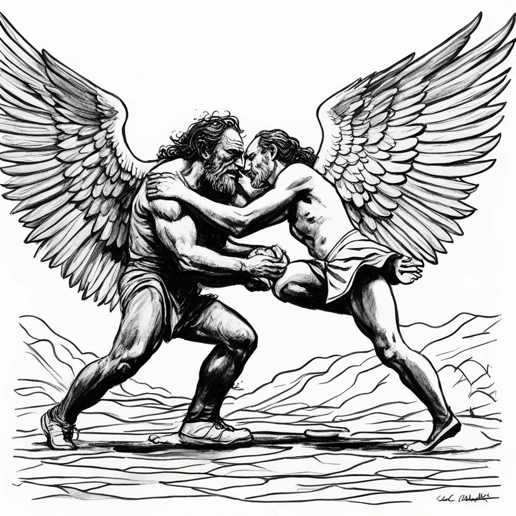 [art by Charles Bukowski] Jacob wrestling with angel