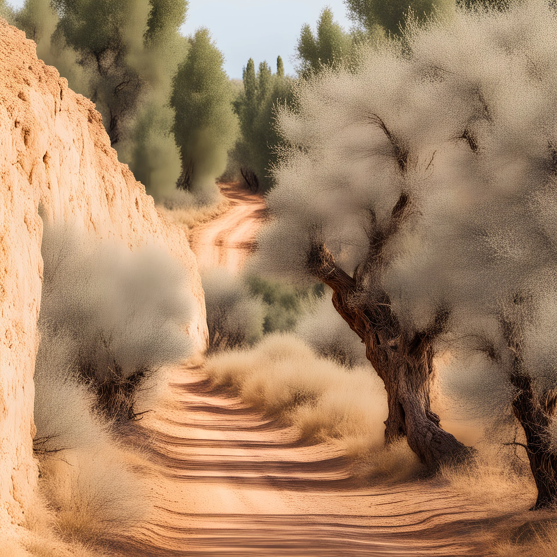 A prickly along a dirt road dotted with olive trees