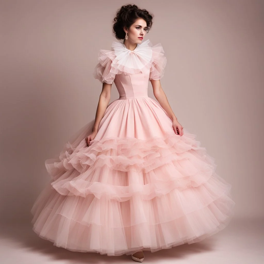 She is dressed in a romantic-style, pale pink dress with ruffles adorning the collar, sleeves, and layers of the skirt. Her pose is gentle, with one hand slightly raised, holding onto a ruffle of her dress, while her gaze is directed off to the side, imparting a contemplative or wistful mood.