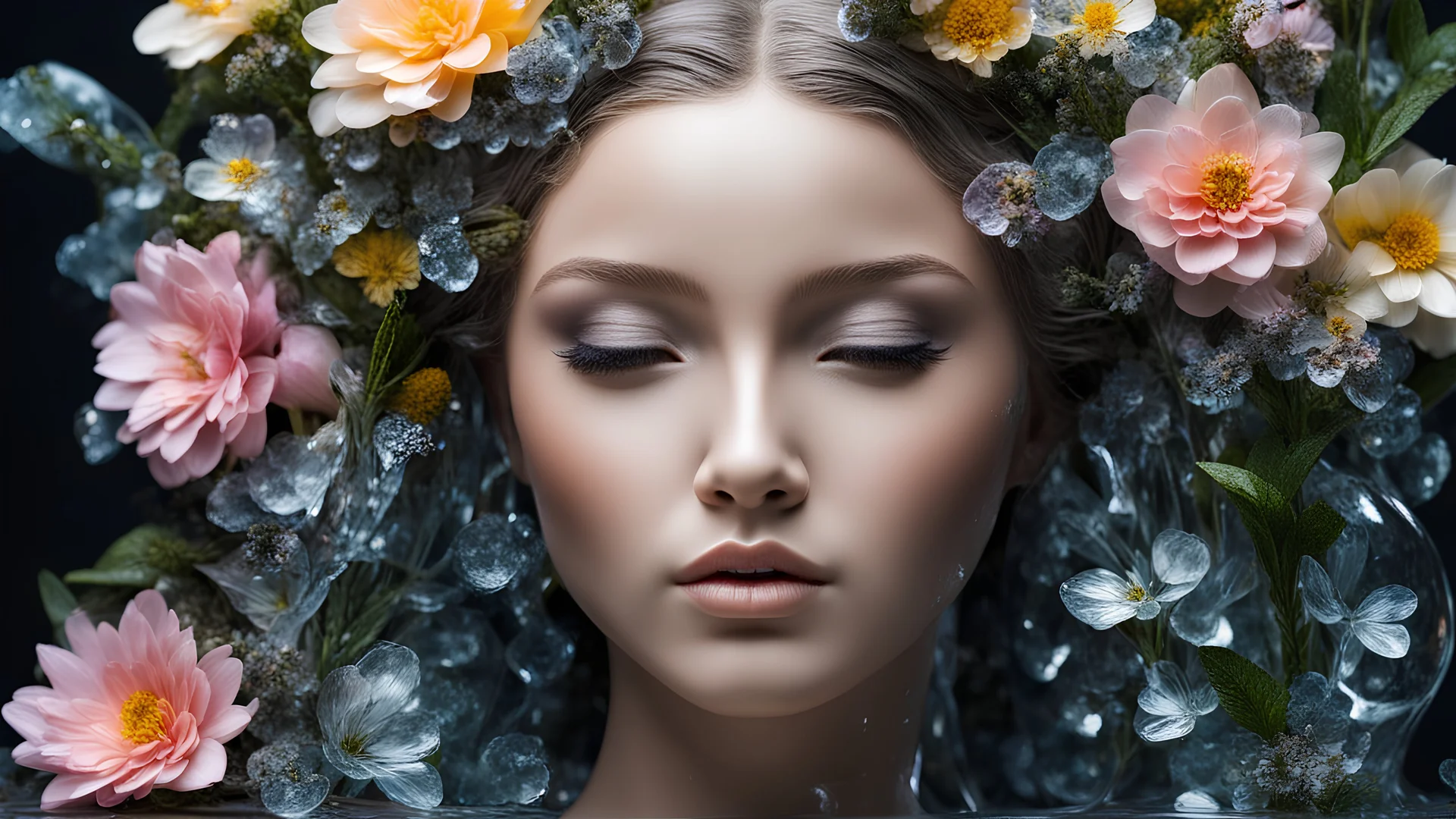 close-up photo of statue made out of transparent glass,beautiful young girl,flowers inside the statue,flowers inside,floral design,plants under glass,emotional,dark,modern,abstract,(closed_eyes:1.1),parted lips,ears,glass,rough texture,see-through,