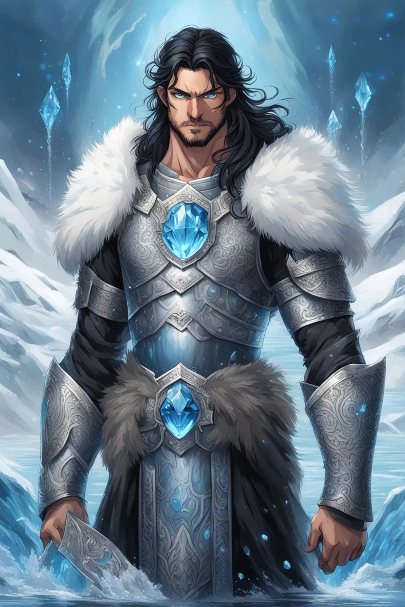 1 mana warrior, with blue eyes and black hair man in silver Viking armor with fur around the neck with blue crystal on his chest , standing in water in the artic, warrior in anime style,