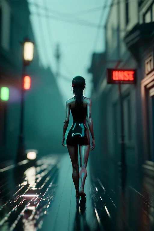 Ultra Realistic image, 25 years old brunette woman, portrait, small stature, small chest, yakuza body tattoo, latex dress, short, rain, fog, hot, dark, leds, neon, cyberpunk, vibrant color, highly detailed, art stations, concept art, smooth, unreal engine 5, god rays, ray tracing, RTX, lumen lighting, ultra detail, volumetric lighting.