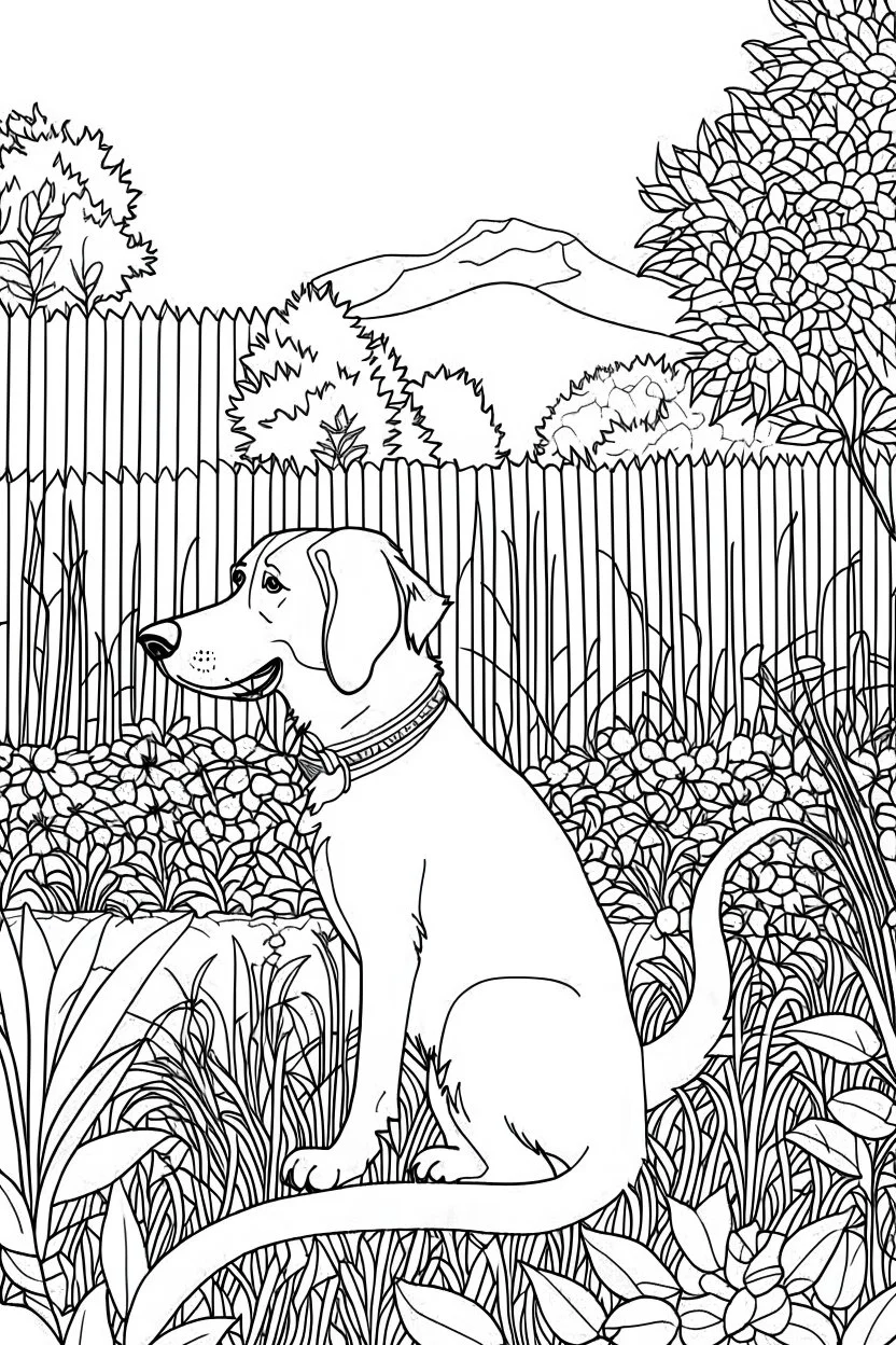 Outline art, no shading, dog full body in the garden, cartoon style, black and white, low detail, --ar 9:11