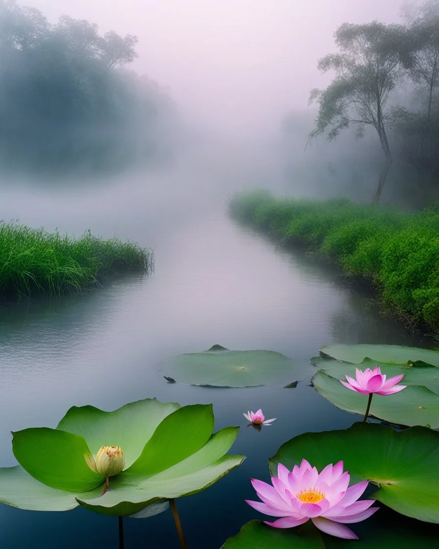 🐊 🌸🌺 landscape a wonderful lotus flowers on river beauty early morning heavy fog cold,a biggest aligator rise up swim on end up on river,high sharpens photography HD,photography realistic colors sharpens