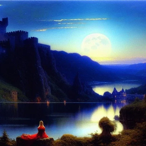 Drawing of 'Medieval Romanian Castle',mountain,lake,full moon, by gaston bussiere, greg rutkowski, yoji shinkawa, yoshitaka amano, tsutomu nihei, donato giancola, tim hildebrandt, oil on canvas, cinematic composition, extreme detail,fit full head inside picture,16k