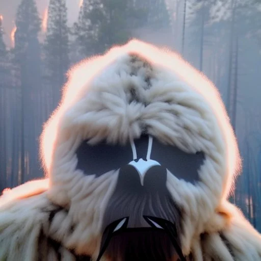 subject = (Yeti in a mask) background = (wildfires, mountains, fires, smoke, disaster)