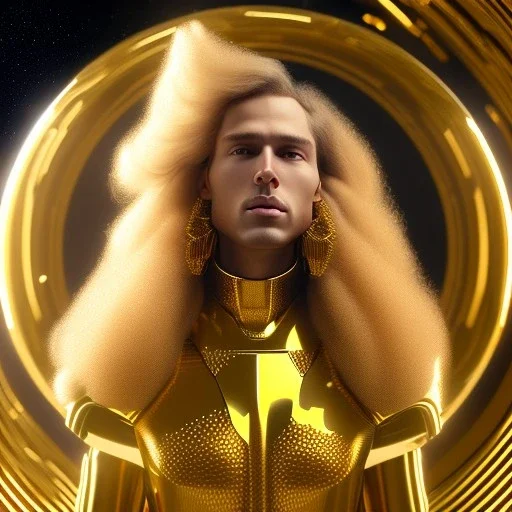 beautiful cosmic golden male, long hair, nice smiling, delicate colors, beautiful glamour galactic golden dress, ultra sharp focus, 8k, unreal engine 5, extremely sharp detail, light effect, soft light atmosphere of a spaceship, smooth, full of details, face in front, complete vision of face and body