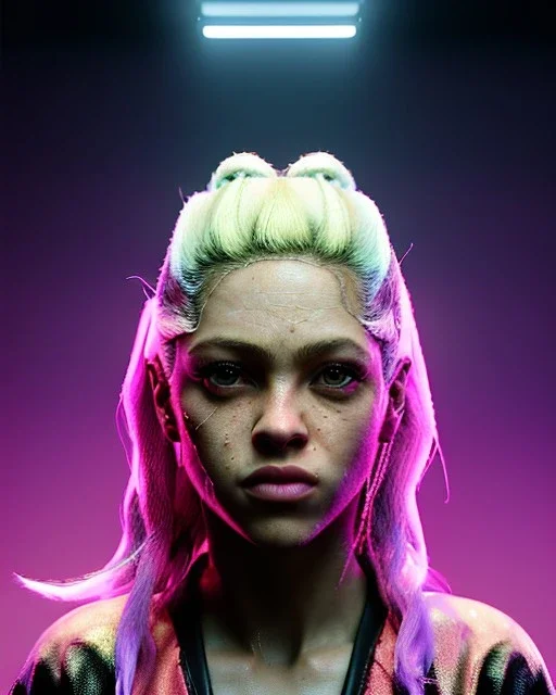 portrait, Shakira, blonde artist, angry, Realistic image, MMA robe, hoodie, mma gloves, fight pose, make-up make-up, gold line make-up, sweat, fog, goddess style, Neon colors, leds. Black background, photo studio, concept art, smooth, unreal engine 5, god lights, ray tracing, RTX, lumen lighting, ultra detail, volumetric lighting, 3d, finely drawn, high definition, 4k.