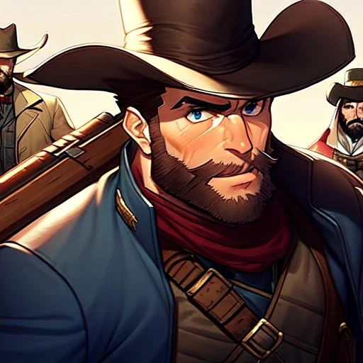 Portrait, Bearded, gunslinger, with short brown hair, serious blue eyes, wild west Coat