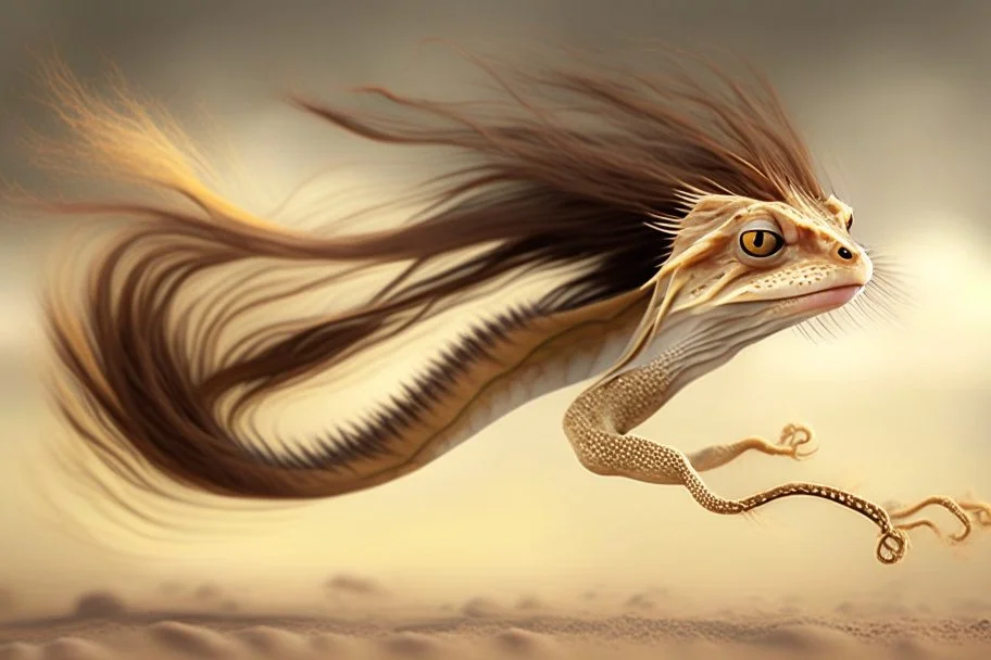 gecko with long brown hair in the wind