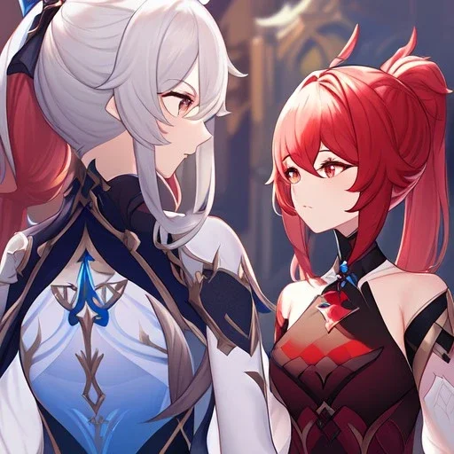 High quality, Detailed, 1girls, looking at eachother very angrily, wearing a genshin inspired outfit, the outfit has some holes, the outfit also has a very see through fabric, grey hair with on ponytail, red hair