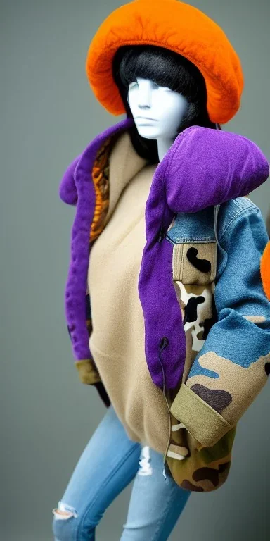 Brunette she. average body type. big head. Mantle is sewed of upcycled Denim and sewed together of camouflage pieces. Pieces' color are orange, cream and purple. It is with big bright purple felt tippet and cream-colored-hood. mantle is merged with satchel. . Big AKG-style headphones (gold rings!) is merged with small felt cap with small visor. Style: Haute Couture in 1910's, Paris fashion in 1998, inspired by street art. Cream latex gaiter. Her head and rest body!