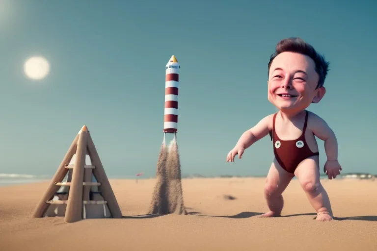 Elon musk as a baby building a Very tall Sandrocket on the beach. He is wearing a polkadot swimsuit