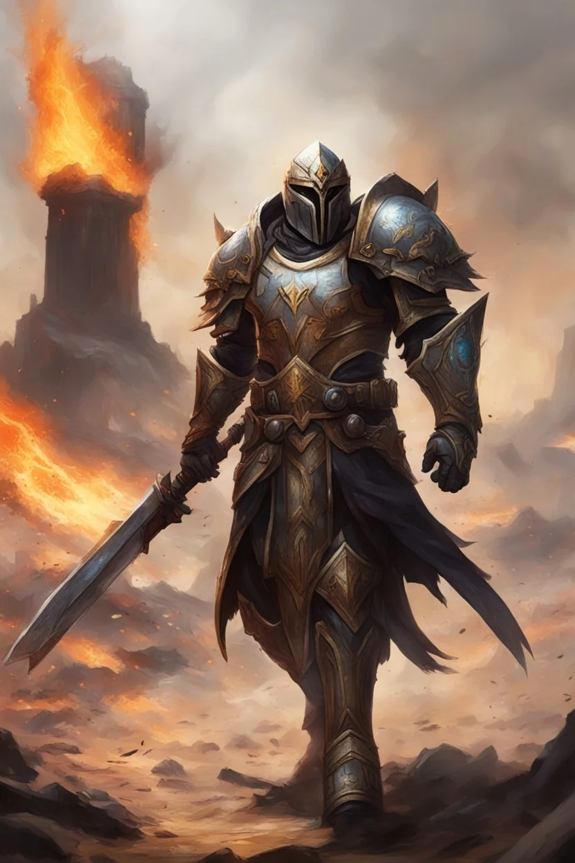 paladin wielding greatswor walking down a battlefield of scorched earth