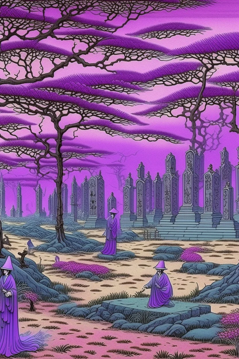 A purple graveyard with dancing ghosts painted by Utagawa Hiroshige